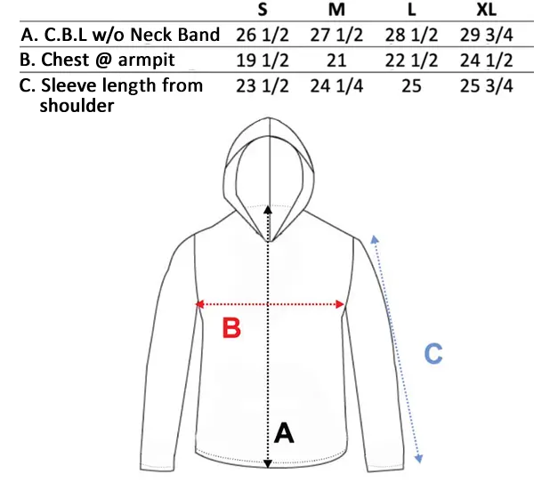 Sizing Chart: MRC UPF 50 Hooded Unisex Long Sleeve Shirt